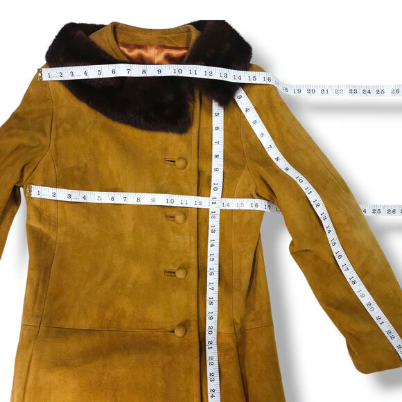 Vintage Suede Leather Fur-Trim Collar Button Front Swing Coat Mustard Ochre 8 - Picture 10 of 11